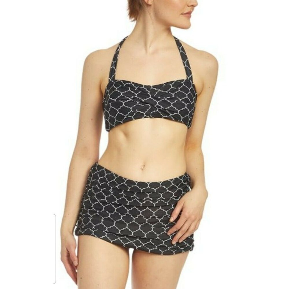 Black Quatrefoil Ruched Bandeau Bikini Top & Skirted Bottoms by Nicloe Miller L